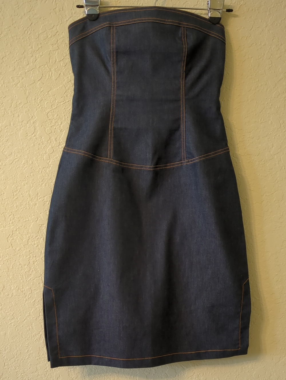 Strapless Dark Denim Sheath Dress with Contrast Stitching